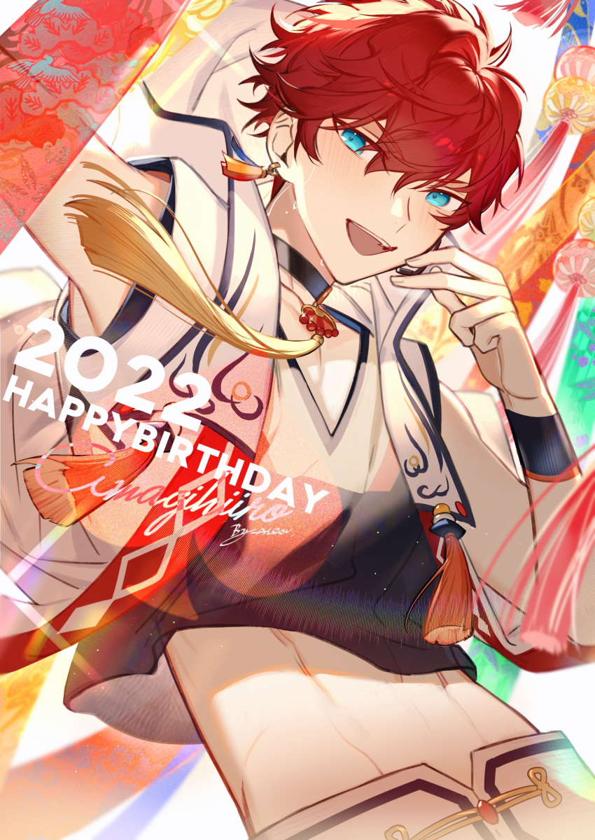 1boy absurdres aleo amagi_hiiro arm_up artist_name black_choker blue_eyes character_name chinese_commentary choker commentary_request dated earrings ensemble_stars! fingernails hand_up happy_birthday headset highres jewelry looking_at_viewer male_focus midriff open_mouth red_hair short_hair sleeveless solo teeth upper_body upper_teeth_only