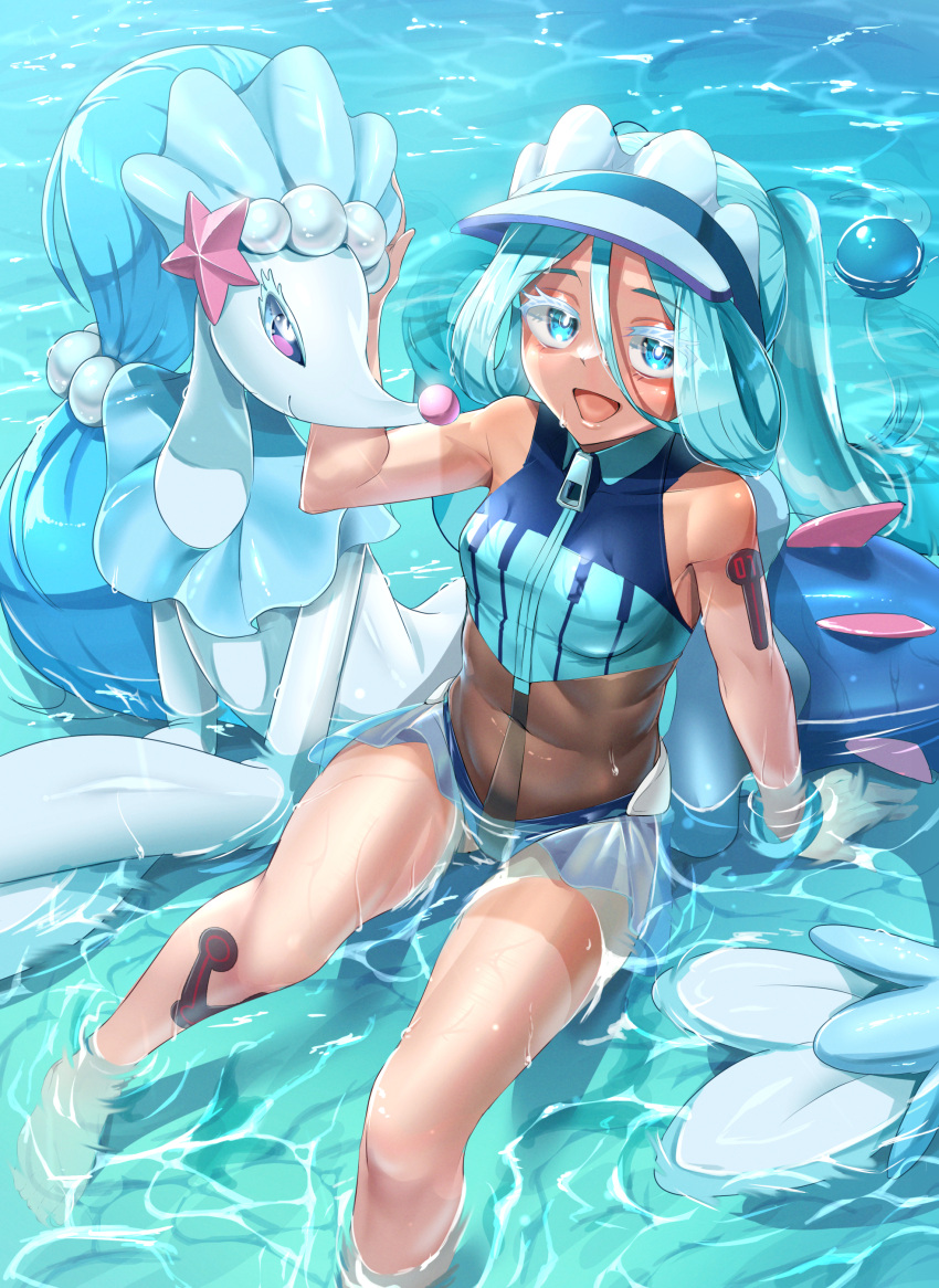 1girl :d absurdres akrun blue_eyes blue_hair colored_eyelashes dark-skinned_female dark_skin dive_ball eyelashes hatsune_miku highres long_hair looking_at_viewer petting piano_print poke_ball pokemon pokemon_(creature) primarina project_voltage sitting smile swimsuit tan tanlines twintails very_long_hair visor_cap vocaloid water water_miku_(project_voltage) wet zipper_pull_tab