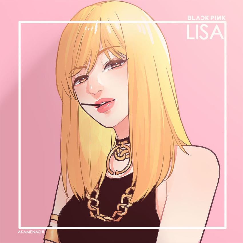 1girl akamenashi armlet blackpink blonde_hair candy choker close-up commentary english_commentary food highres jewelry lisa_(blackpink) looking_at_viewer medium_hair necklace pink_background pink_lips simple_background solo square yellow_eyes