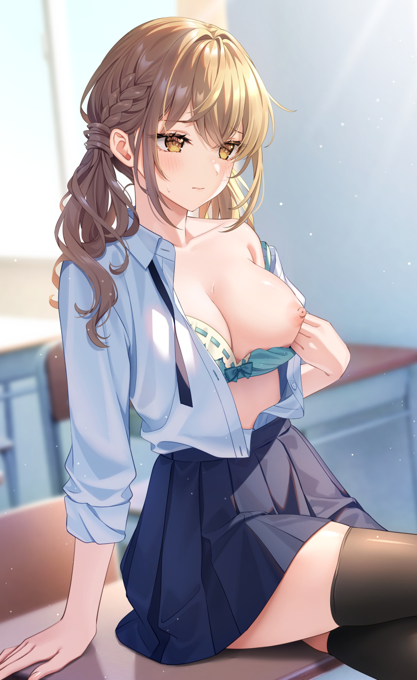 1girl absurdres arm_support black_thighhighs blue_skirt blush bra braid breasts brown_eyes brown_hair closed_mouth clothes_pull collarbone collared_shirt commentary_request crossed_legs day desk fujitatoru green_bra highres indoors large_breasts long_hair nipples on_desk one_breast_out original pleated_skirt school_desk school_uniform shirt shirt_pull shirt_tucked_in sitting sitting_on_desk skirt sleeves_rolled_up solo thighhighs underwear white_shirt zettai_ryouiki