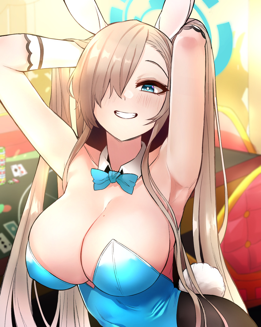 1girl absurdres animal_ears arm_behind_head armpits arms_up asuna_(blue_archive) asuna_(bunny)_(blue_archive) asymmetrical_bangs bare_shoulders black_pantyhose blonde_hair blue_archive blue_bow blue_bowtie blue_eyes blue_halo blue_leotard blurry blurry_background blush bow bowtie breasts bright_pupils casino cleavage collar collarbone detached_collar gloves grin hair_lift hair_over_one_eye halo hand_in_own_hair highres indoors large_breasts leotard long_hair looking_at_viewer mole mole_on_breast one_eye_covered pantyhose playboy_bunny rabbit_ears rabbit_tail s.t.a.r_(pixiv_4451676) smile solo straight_hair tail teeth upper_body very_long_hair white_collar white_gloves white_pupils