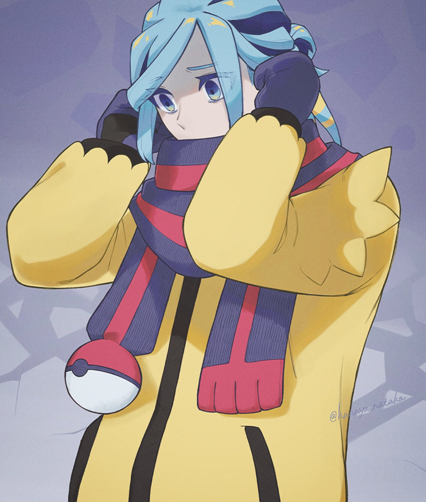 1boy aqua_eyes commentary_request eyelashes green_hair grey_background grusha_(pokemon) hanaya_nataka hands_up highres jacket long_sleeves looking_down male_focus mittens poke_ball_print pokemon pokemon_(game) pokemon_sv scarf solo striped striped_scarf twitter_username upper_body watermark yellow_jacket