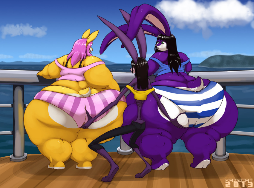 2013 anthro big_butt black_hair boat bottomwear butt butt_grab clothing cloud female fur grope group hair hand_on_butt huge_butt huge_thighs hyper hyper_butt hyper_hips hyper_thighs island jiggly_(kazecat) kazecat lagomorph leporid long_hair mammal obese obese_anthro obese_female orange_body orange_fur overweight overweight_anthro overweight_female paws pink_hair purple_body purple_fur rabbit rabbit_ears railing sea size_difference skinny_anthro sky thick_thighs topwear trio twiggi_(kazecat) underwear vehicle violet_(kazecat) water watercraft wood