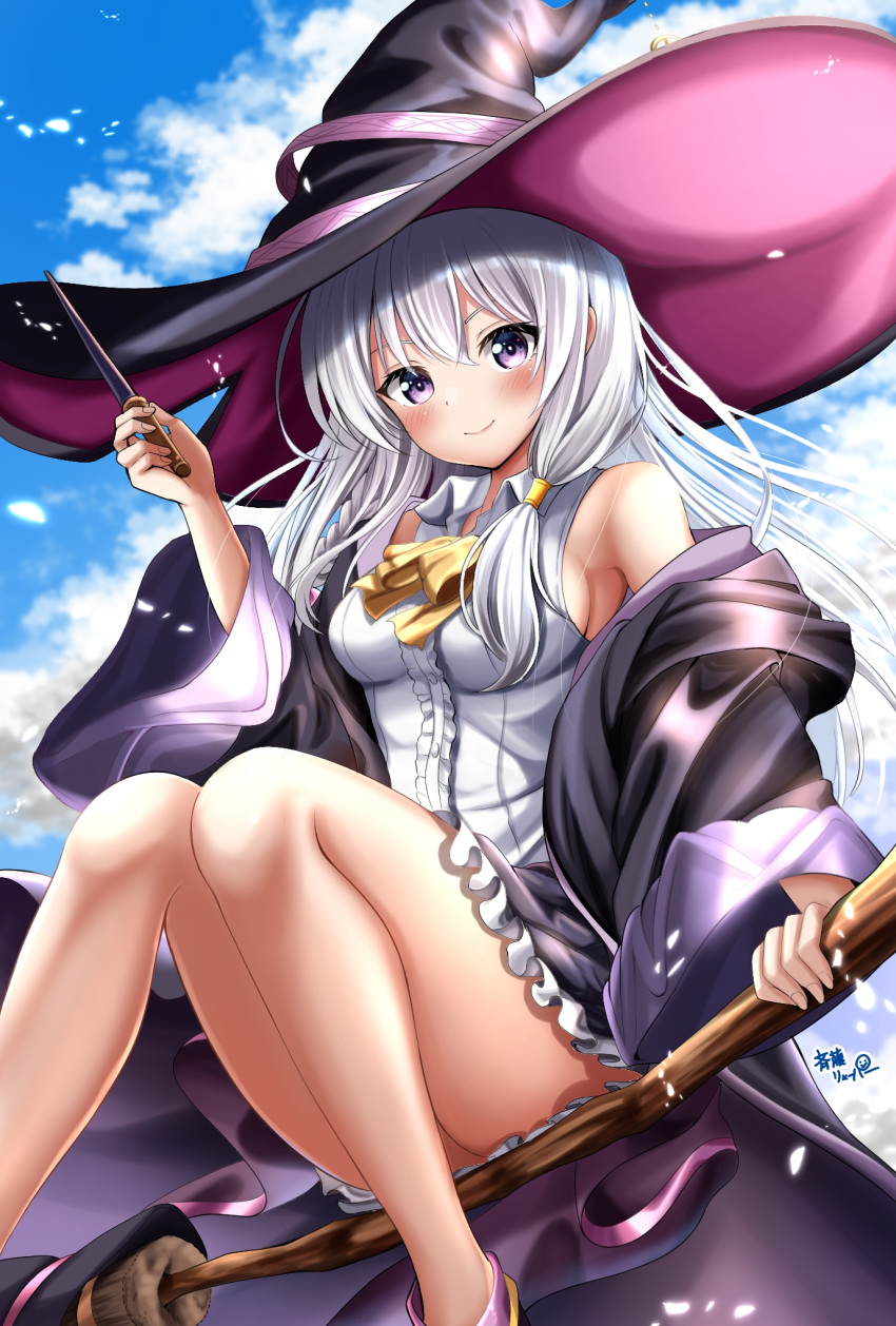 bare_shoulders black_skirt blush broom broom_riding cloud collared_shirt elaina_(majo_no_tabitabi) frilled_shirt frilled_skirt frills grey_hair hat highres holding holding_wand legs long_hair majo_no_tabitabi neck_ribbon off_shoulder ribbon robe ryopa shirt skirt sleeveless sleeveless_shirt smile wand white_shirt witch witch_hat yellow_ribbon