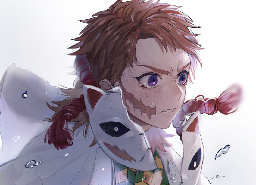 1boy brown_hair commentary_request crying crying_with_eyes_open fang green_shirt highres iyo_(nanaka-0521) jacket kimetsu_no_yaiba long_sleeves looking_to_the_side male_focus mask multicolored_clothes multicolored_shirt open_clothes open_jacket purple_eyes sabito_(kimetsu) scar scar_on_face shirt short_hair simple_background solo tassel tears teeth v-shaped_eyebrows white_background white_jacket wide_sleeves yellow_shirt