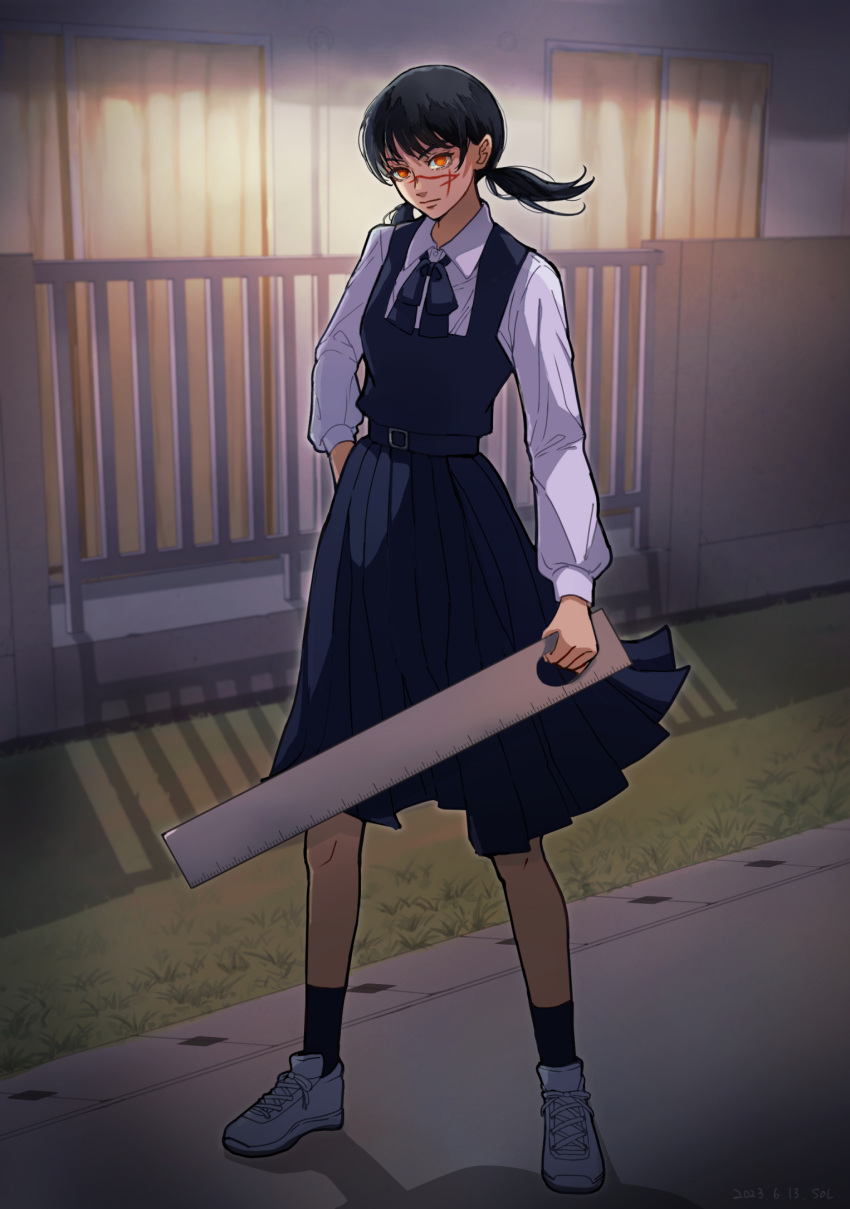 1girl backlighting black_bow black_bowtie black_dress black_hair black_socks blue_dress blunt_bangs bow bowtie chainsaw_man closed_mouth collared_shirt dated dress fourth_east_high_school_uniform full_body glowing glowing_eyes grass hand_in_pocket highres holding_ruler improvised_weapon long_sleeves looking_at_viewer low_twintails night orange_eyes outdoors pinafore_dress red_eyes scar scar_on_face school_uniform shirt shoes sleeveless sleeveless_dress sneakers socks sol_(solsalt255) solo standing twintails white_footwear white_shirt wind yoru_(chainsaw_man)