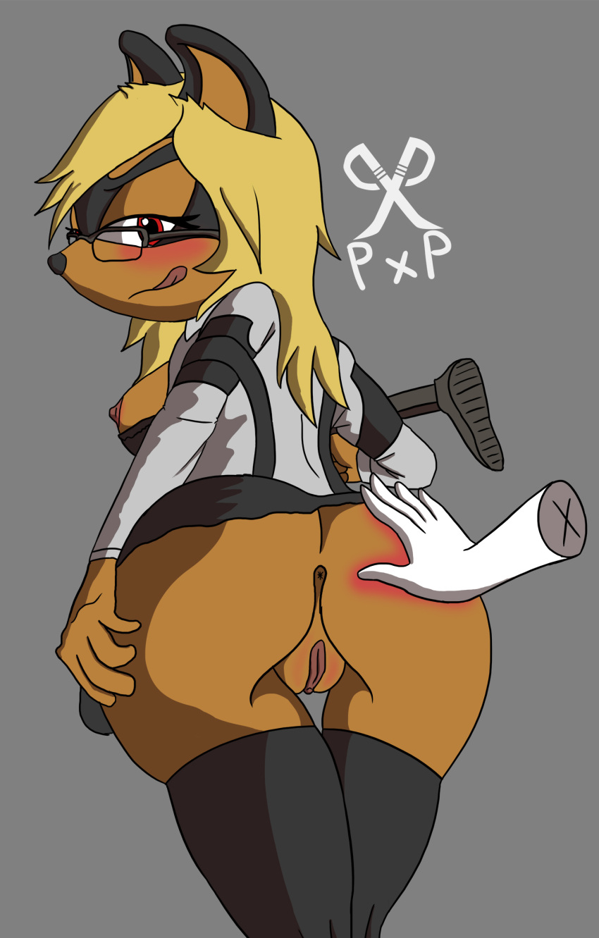 absurd_res ambiguous_gender anthro anus blonde_hair bottomwear butt butt_slap canid clothing disembodied_hand dress_shirt duo eyewear fan_character female genitals glasses gun hair hi_res legwear mammal mp5 nipples presenting presenting_hindquarters pussy pxp ranged_weapon sega shirt skirt slap solo sonic_the_hedgehog_(series) spanking spread_butt spreading stockings thick_thighs topwear weapon