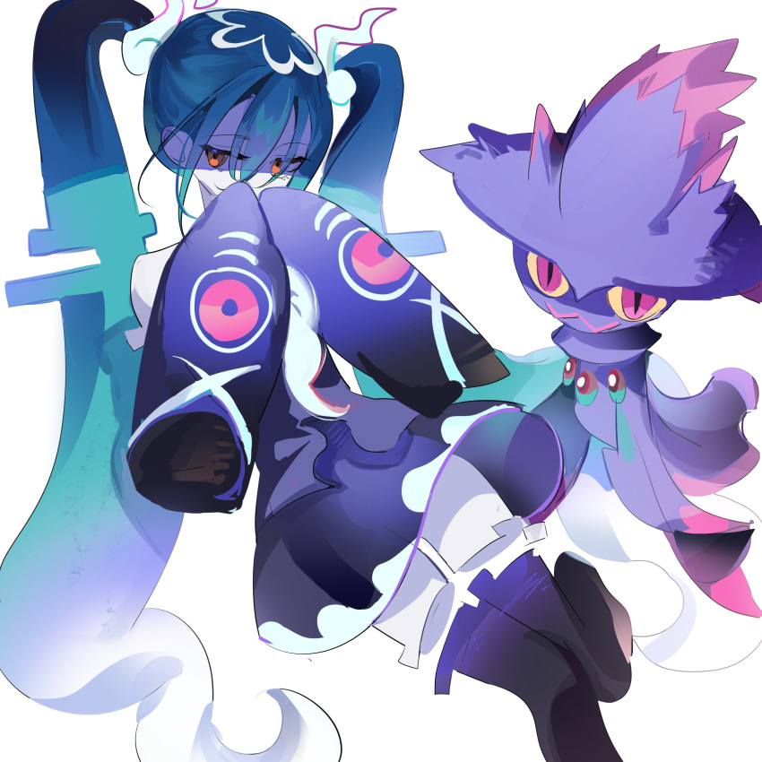 1girl absurdres aqua_hair black_shirt blue_hair colored_skin detached_legs detached_sleeves ershuihe ghost_miku_(project_voltage) gradient_hair grey_skin hair_between_eyes hair_ornament hatsune_miku highres long_hair mismagius multicolored_hair orange_eyes pokemon pokemon_(creature) project_voltage purple_hair shirt simple_background skirt sleeveless sleeveless_shirt sleeves_past_fingers sleeves_past_wrists twintails very_long_hair vocaloid white_background white_hair