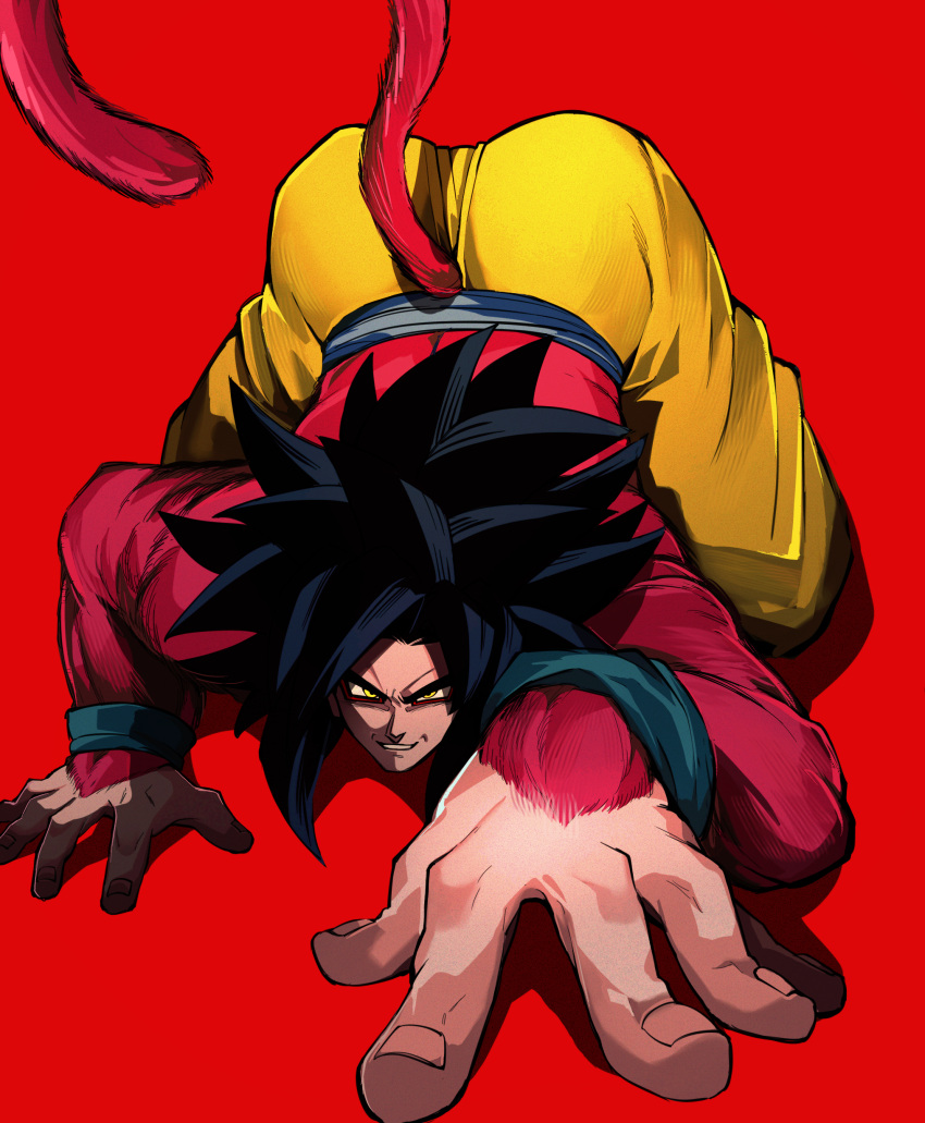 1boy absurdres biceps black_hair blue_sash blue_wristband body_fur dragon_ball dragon_ball_gt gigatan_d highres long_hair looking_at_viewer male_focus monkey_boy monkey_tail muscular muscular_male pants red_fur saiyan sash solo son_goku spiked_hair super_saiyan super_saiyan_4 tail yellow_pants