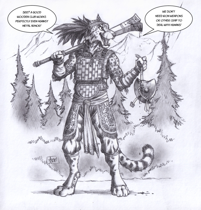 0laffson 5_fingers anthro armor biped blood bodily_fluids clothed clothing english_text fangs felid fingers fur headgear helmet hi_res holding_object holding_weapon male mammal monochrome open_mouth open_smile plant smile solo tail teeth text tree weapon