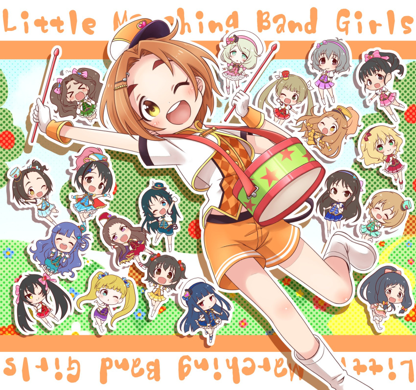 6+girls ;d akagi_miria asari_nanami blush chibi chibi_inset cropped_jacket drum drumsticks dutch_angle forehead fukuyama_mai halftone halftone_background highres holding holding_drumsticks ichihara_nina idolmaster idolmaster_cinderella_girls instrument jougasaki_rika koga_koharu koseki_reina kusakabe_wakaba l.m.b.g_(idolmaster) looking_at_viewer maka073 marching_band mary_cochran matoba_risa multiple_girls nanjo_hikaru narumiya_yume ohnuma_kurumi one_eye_closed orange_shorts outline outstretched_arm ryuzaki_kaoru sajo_yukimi sakurai_momoka sasaki_chie shorts smile tachibana_arisu white_outline yanase_miyuki yokoyama_chika yusa_kozue