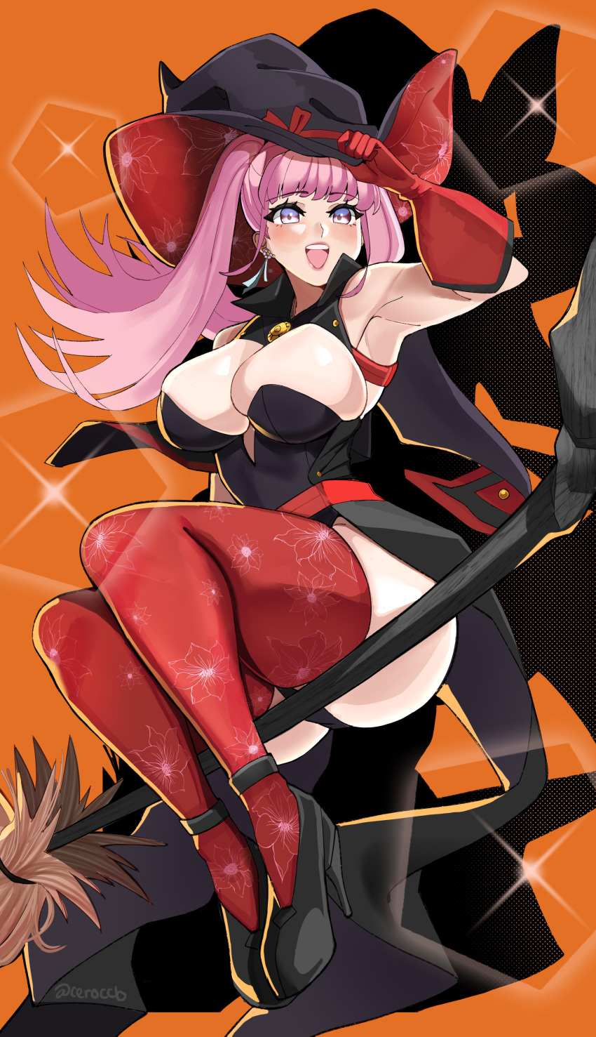 1girl :d absurdres alternate_costume armpits bare_shoulders black_footwear black_headwear breasts broom ceroccb cleavage commentary earrings fire_emblem fire_emblem:_three_houses gloves hat high_heels highres hilda_valentine_goneril jewelry large_breasts long_hair open_mouth orange_background pink_hair pink_lips purple_eyes red_gloves red_thighhighs sitting smile solo thick_thighs thighhighs thighs witch_hat