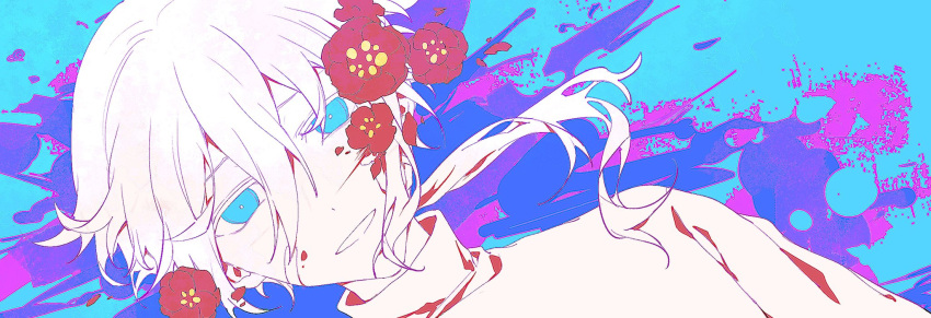 1boy anemone_(flower) blood blood_on_clothes blood_on_face blue_background blue_eyes flower hello_charlotte highres huaji_niang long_hair long_sleeves looking_at_viewer low_ponytail male_focus multicolored_background pink_background purple_background red_flower shirt smile solo teeth turtleneck vincent_wordsworth white_hair white_shirt