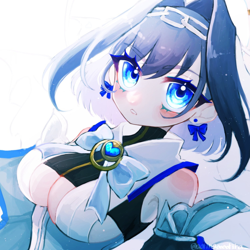 1girl aorin_oekaki blue_bow blue_cape blue_eyes blue_hair blue_ribbon blush bow bow_earrings breasts cape chain chain_headband cleavage_cutout clothing_cutout detached_sleeves earrings hair_intakes halo head_chain highres hololive hololive_english jewelry large_breasts looking_at_viewer mechanical_halo ouro_kronii ouro_kronii_(1st_costume) ribbon shirt short_hair simple_background sleeveless sleeveless_shirt solo twitter_username underboob underboob_cutout veil virtual_youtuber white_background