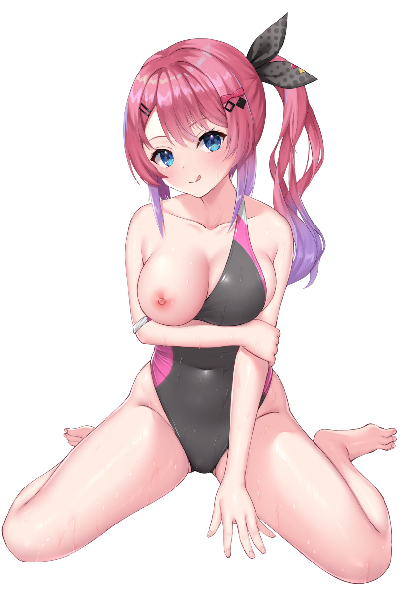 1girl :q absurdres arm_grab arm_under_breasts bare_arms barefoot between_legs black_one-piece_swimsuit blue_eyes blush breasts closed_mouth clothes_pull collarbone commentary_request commission competition_swimsuit eyelashes full_body gradient_hair groin hair_ornament hair_ribbon hairclip hand_between_legs head_tilt highleg highleg_swimsuit highres idios kuramochi_meruto lane_line large_breasts licking_lips looking_at_viewer multicolored_clothes multicolored_hair multicolored_swimsuit naughty_face ncontrail_(mgax7527) nijisanji nipples one-piece_swimsuit one-piece_swimsuit_pull one_breast_out pink_hair presenting_breasts purple_hair ribbon side_ponytail sidelocks simple_background sitting skeb_commission smile solo swimsuit thighs tongue tongue_out virtual_youtuber wariza wet wet_clothes wet_swimsuit white_background