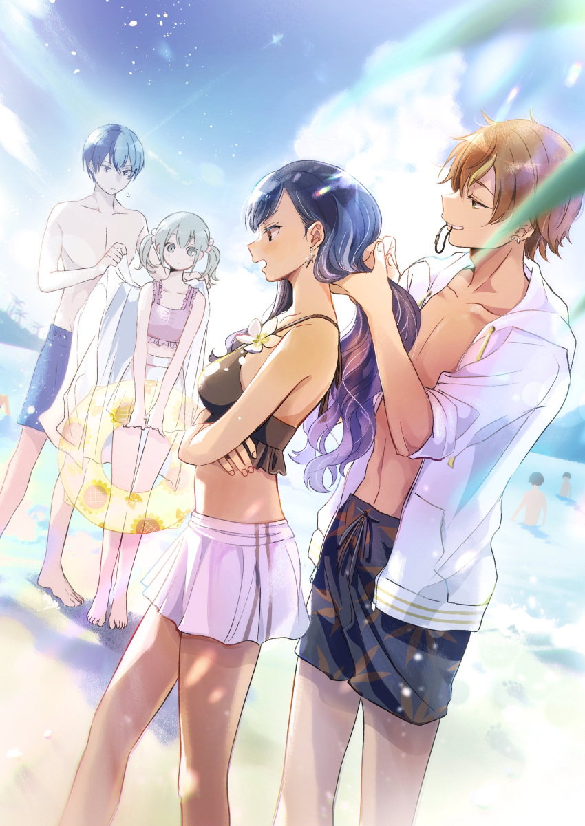 2boys 2girls absurdres aoyagi_touya azusawa_kohane beach black_hair black_shorts blonde_hair blue_hair closed_mouth commentary_request crossed_arms dark_blue_hair drawstring earrings fingernails flower gradient_hair grey_eyes hair_tie highres holding holding_floatie holding_hair holding_towel hood hood_down jacket jewelry long_hair mole mole_under_eye momomo_(m0_3) multicolored_hair multiple_boys multiple_girls open_clothes open_jacket open_mouth orange_hair pocket project_sekai shinonome_akito shiraishi_an short_hair shorts standing streaked_hair swimsuit topless_male towel twintails two-tone_hair vivid_bad_squad_(project_sekai) white_jacket