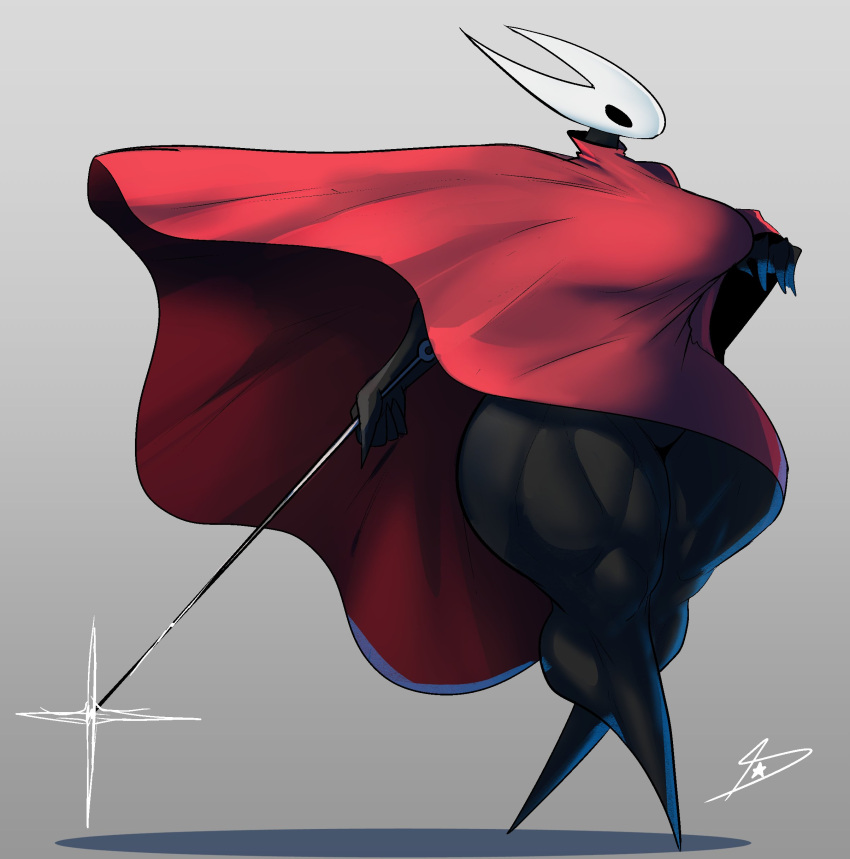 2023 absurd_res anthro arthropod big_breasts black_body black_skin breasts cape claws clothing curvy_figure digital_drawing_(artwork) digital_media_(artwork) dreamerknight empty_eyes featureless_crotch female fingers grey_background hi_res hollow_knight hornet_(hollow_knight) hourglass_figure insect muscular_thighs nail_(weapon) signature simple_background solo team_cherry thick_thighs vessel_(species) voluptuous weapon wide_hips