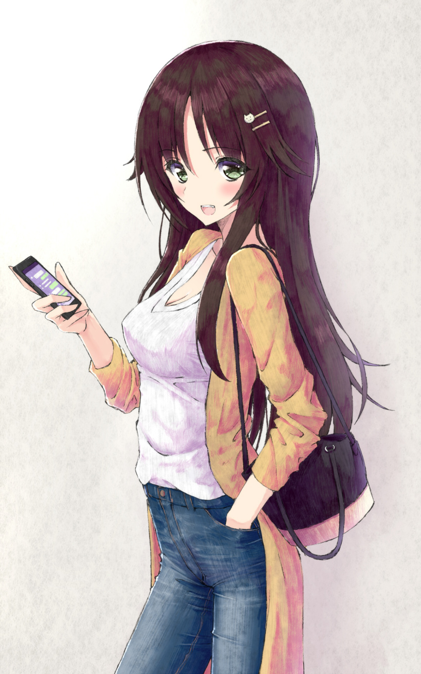 1girl aramachi blush breasts brown_hair cellphone cleavage coat commentary_request denim green_eyes hand_in_pocket highres himekawa_yuki holding holding_phone idolmaster idolmaster_cinderella_girls jeans long_hair looking_to_the_side medium_breasts pants phone shirt shirt_tucked_in sidelocks simple_background smile solo straight_hair very_long_hair white_shirt yellow_coat