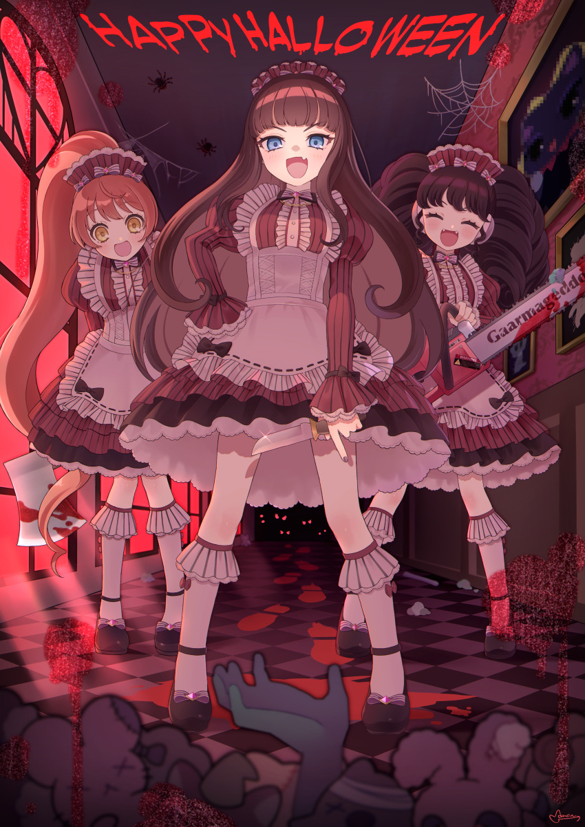 3girls :d absurdres apron arms_behind_back axe backlighting bandages black_footwear black_hair black_nails blood blood_on_weapon blood_splatter blue_eyes blunt_bangs blurry blurry_foreground blush brown_hair bug center_frills chainsaw closed_eyes commentary_request dress drill_hair facing_viewer fang fangs footprints frilled_apron frilled_dress frills full_body garuru_(pripara) hairband halloween halloween_costume hand_on_own_hip happy_halloween highres holding holding_axe holding_chainsaw holding_knife indoors juliet_sleeves kneehighs knife kurosu_aroma lolita_fashion lolita_hairband long_hair long_sleeves looking_at_viewer mary_janes momokan_(mmkn100) multiple_girls nail_polish neko_(pripara) open_mouth painting_(object) ponytail pretty_(series) pripara puffy_sleeves red_dress red_hair shiratama_mikan shoes sidelocks silk smile socks spider spider_web standing stuffed_animal stuffed_rabbit stuffed_toy v-shaped_eyebrows very_long_hair weapon white_apron white_socks window yellow_eyes