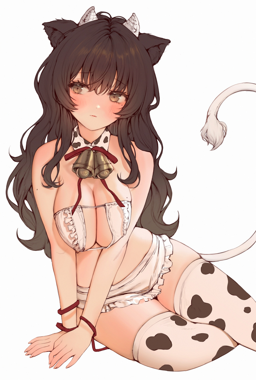 1girl absurdres animal_ears animal_print bell bikini bikini_skirt blush breasts breasts_squeezed_together brown_eyes brown_hair cleavage closed_mouth commentary cow_ears cow_girl cow_horns cow_print cow_print_thighhighs cow_tail detached_collar highres horns large_breasts long_hair mole mole_on_breast neck_bell original raeun_46 red_ribbon ribbon simple_background sitting solo swimsuit symbol-only_commentary tail white_background white_bikini yokozuwari
