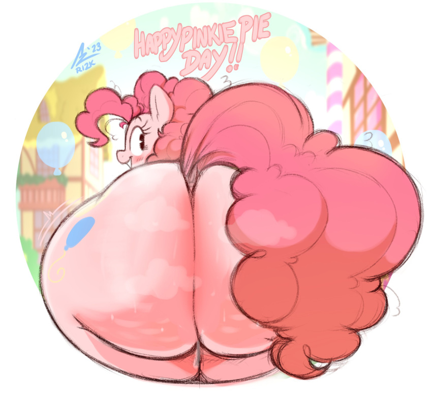 aer0_zer0 balloon big_butt blush bodily_fluids butt earth_pony equid equine female feral friendship_is_magic hasbro hi_res horse huge_butt inflatable looking_at_viewer looking_back looking_back_at_viewer mammal mane my_little_pony pink_body pink_mane pink_tail pinkie_pie_(mlp) pony presenting presenting_hindquarters smile smiling_at_viewer solo sweat sweaty_butt tail wide_hips