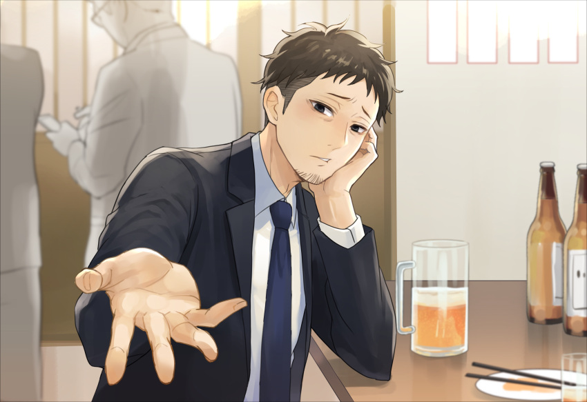 3boys alcohol beer beer_bottle black_hair black_suit blue_necktie brown_hair chopsticks elbow_on_table facial_hair formal hakozume:_kouban_joshi_no_gyakushuu head_rest highres indoors male_focus michino_(81097636) multiple_boys necktie outstretched_hand short_hair sitting solo_focus stubble suit table