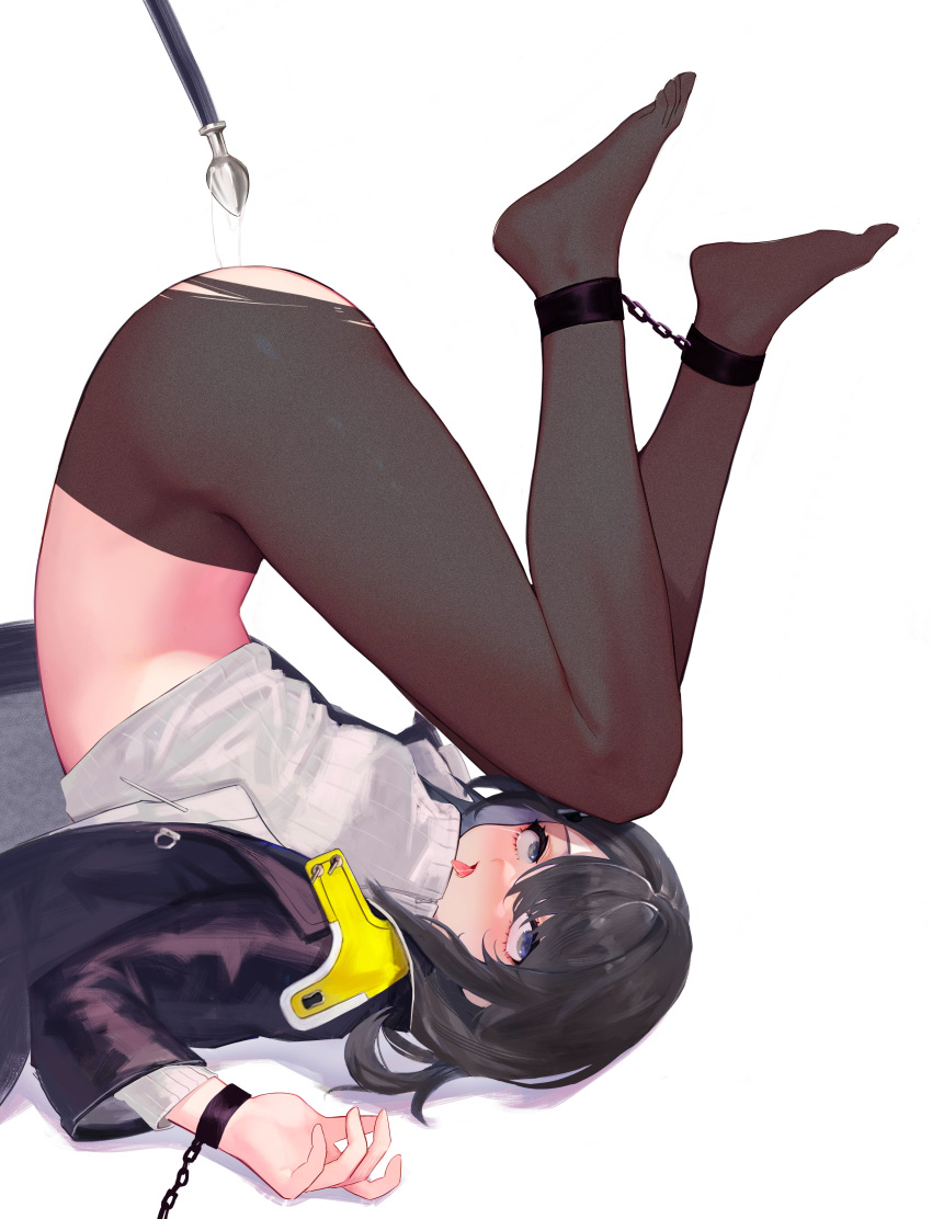 1girl absurdres after_anal anal_tail arknights arknights:_endfield black_hair black_jacket black_pantyhose blue_eyes bound bound_ankles bound_wrists butt_plug c1718259 cuffs fake_tail female_endministrator_(arknights) highres jacket layered_sleeves long_sleeves open_clothes open_jacket open_mouth pantyhose rolling_eyes saliva sex_toy shackles shirt short_hair simple_background solo tail thighs tongue tongue_out torn_clothes torn_pantyhose upside-down white_background white_shirt