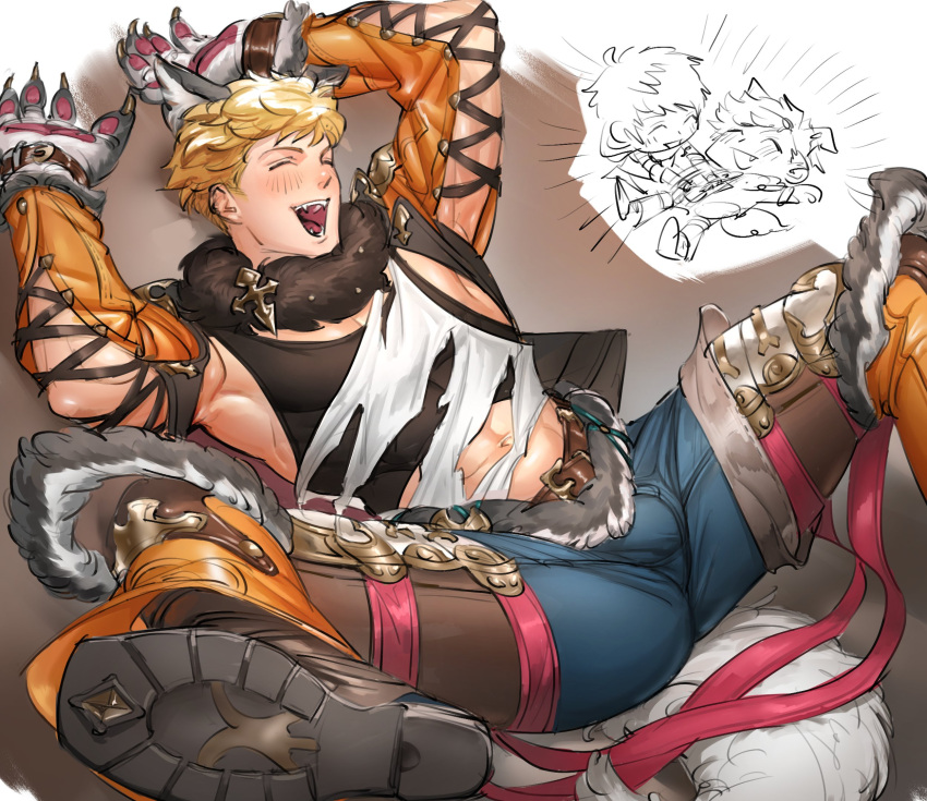 1boy animal_ears bara belt black_tank_top blonde_hair blue_pants blush closed_eyes cropped_jacket fur_collar gran_(granblue_fantasy) granblue_fantasy halloween_costume highres jacket large_pectorals male_focus muscular muscular_male navel obtish4ld official_alternate_costume open_clothes open_jacket open_mouth orange_jacket pants pectorals shirt short_hair tail tank_top torn_clothes torn_shirt vane_(granblue_fantasy) vane_(halloween)_(granblue_fantasy) white_shirt wolf_boy wolf_ears wolf_paws wolf_tail