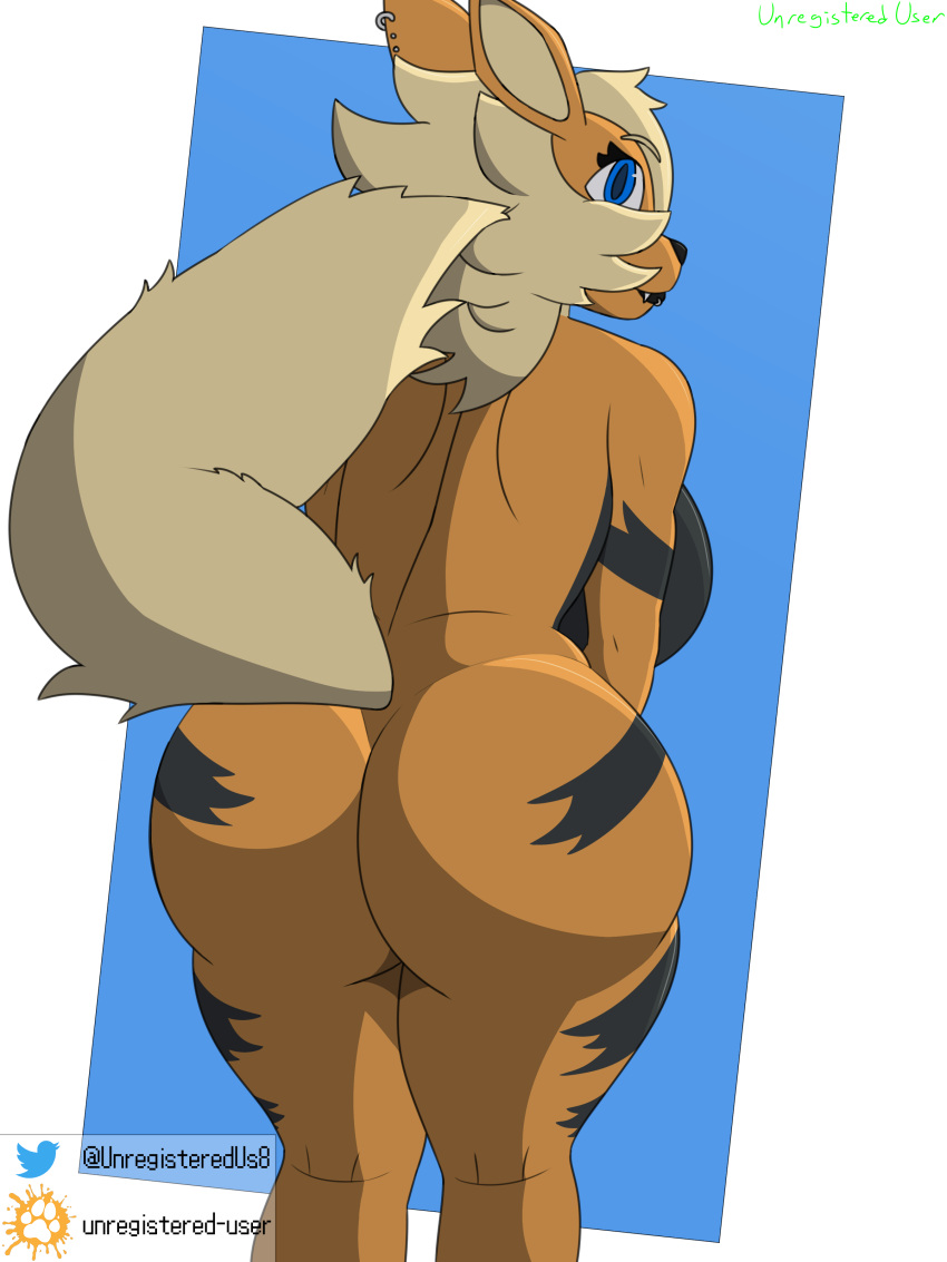 3:4 absurd_res anthro arcanine artist_name big_butt blue_eyes breasts butt canid canine curvy_figure ear_piercing facial_piercing female furaffinity furaffinity_logo generation_1_pokemon head_tuft hi_res lip_piercing lips looking_at_viewer mammal multicolored_body nintendo nude piercing pokemon pokemon_(species) rear_view shaded signature simple_background solo thick_bottom_lip thick_thighs tuft twitter twitter_logo unregistereduser voluptuous