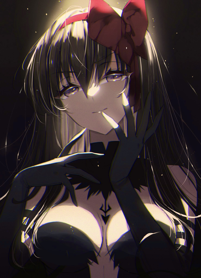 1girl akemi_homura akuma_homura black_background black_gloves black_hair bow breasts cleavage closed_mouth elbow_gloves gloves hair_between_eyes hair_bow highres large_breasts light long_hair looking_at_viewer mahou_shoujo_madoka_magica mahou_shoujo_madoka_magica:_hangyaku_no_monogatari misteor purple_eyes red_bow sidelocks simple_background smile solo upper_body