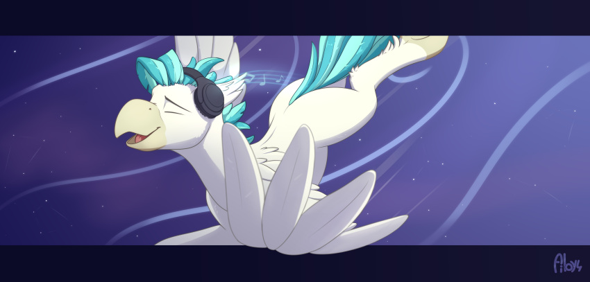 absurd_res ailoy4 avian blue_hair blue_tail european_mythology eyes_closed flying fur greek_mythology hair headphones hi_res hippogriff hooves male musical_note mythological_avian mythology solo tail terramar_(mlp) turquoise_hair turquoise_tail white_body white_fur white_wings wings