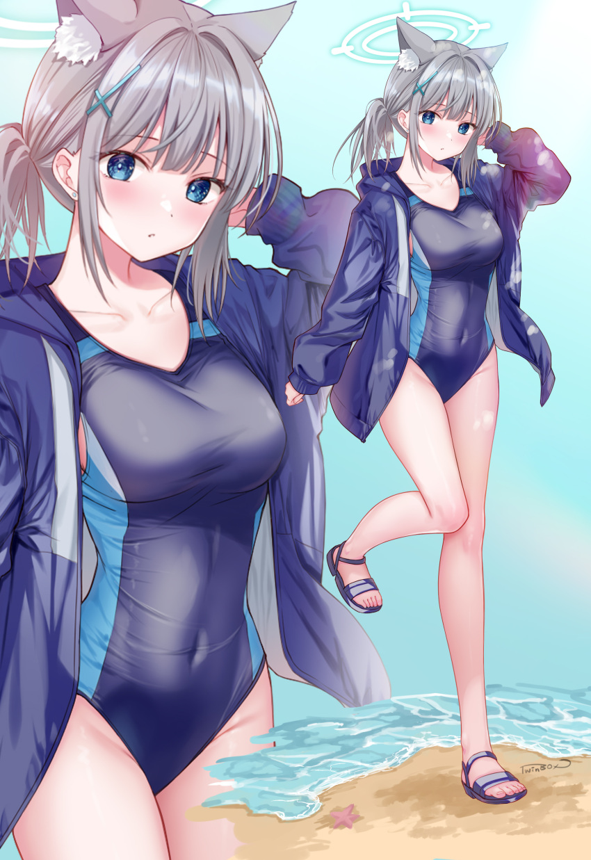 1girl absurdres animal_ear_fluff animal_ears arm_behind_head beach black_one-piece_swimsuit blue_archive blue_eyes blue_footwear blue_jacket breasts collarbone commentary_request covered_navel grey_hair hair_ornament halo hand_up highres jacket long_hair long_sleeves looking_at_viewer medium_breasts one-piece_swimsuit open_clothes open_jacket parted_lips puffy_long_sleeves puffy_sleeves sand sandals shiroko_(blue_archive) shiroko_(swimsuit)_(blue_archive) signature solo sousouman standing standing_on_one_leg starfish swimsuit water zoom_layer