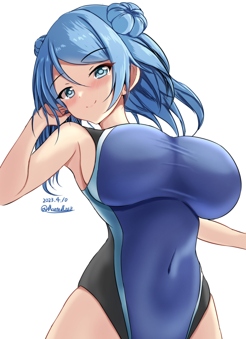 1girl black_one-piece_swimsuit blue_eyes blue_hair blue_one-piece_swimsuit blush breasts competition_swimsuit covered_navel dated double_bun hair_between_eyes hair_bun highleg highleg_swimsuit highres impossible_clothes impossible_swimsuit kantai_collection large_breasts long_hair looking_at_viewer montemasa multicolored_clothes multicolored_swimsuit one-hour_drawing_challenge one-piece_swimsuit simple_background smile solo swimsuit twitter_username two-tone_swimsuit upper_body urakaze_(kancolle) white_background