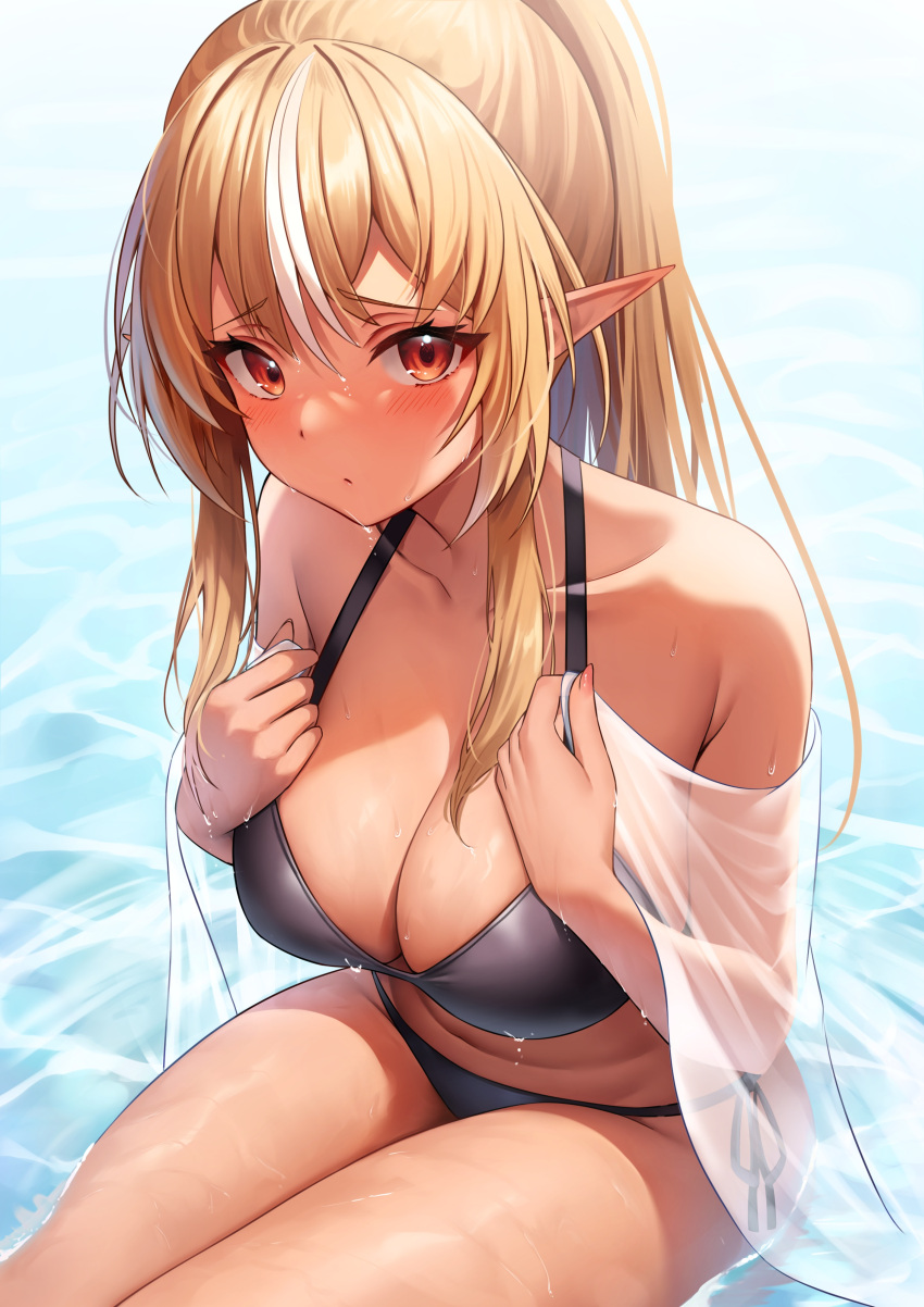 1girl absurdres alternate_costume armpit_crease bare_shoulders bikini black_bikini blonde_hair blush breasts brown_eyes cleavage closed_mouth collarbone dark-skinned_female dark_elf dark_skin day elf hair_between_eyes halterneck high_ponytail highres holika_baby hololive large_breasts long_hair looking_at_viewer multicolored_hair outdoors pointy_ears see-through shiranui_flare side-tie_bikini_bottom sidelocks sitting solo streaked_hair swimsuit thighs virtual_youtuber water water_drop wet white_hair