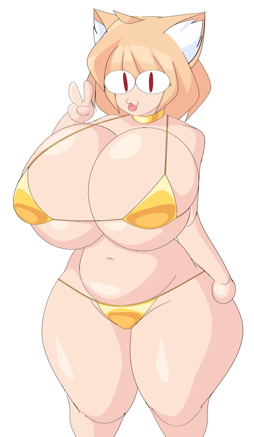 absurd_res animal_humanoid big_breasts bikini blonde_hair breasts cat_humanoid clothing cytrusawa felid felid_humanoid feline feline_humanoid female gesture hair hi_res huge_breasts humanoid inner_ear_fluff looking_at_viewer mammal mammal_humanoid navel neco-arc red_eyes smile solo swimwear thick_thighs tongue tongue_out tsukihime tuft type-moon v_sign white_body white_skin wide_hips