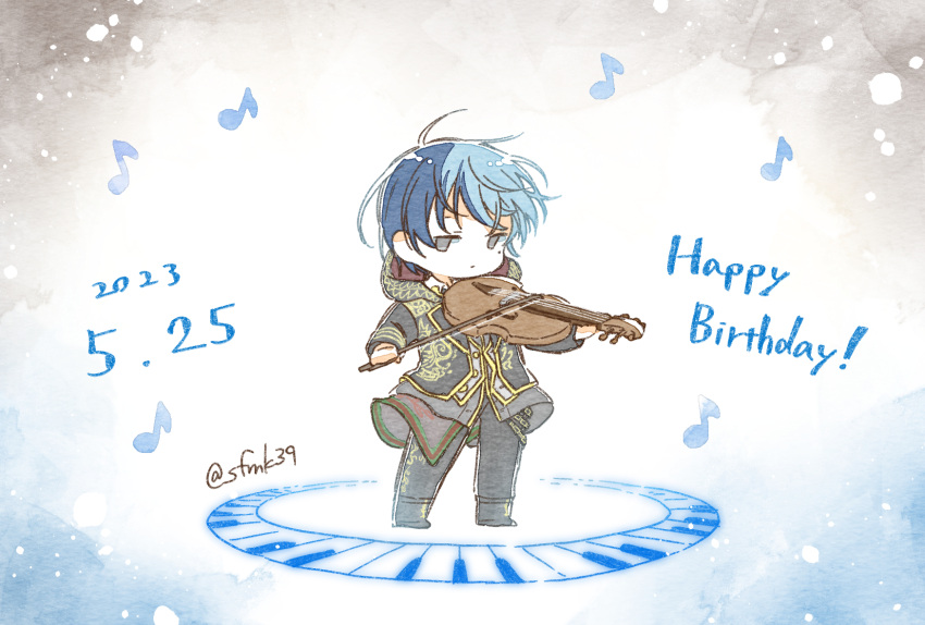 1boy aoyagi_touya blue_hair bow_(music) chibi commentary_request dark_blue_hair dated full_body grey_eyes happy_birthday highres holding holding_instrument hood hooded_jacket instrument jacket long_sleeves male_focus mole mole_under_eye multicolored_hair musical_note official_alternate_costume period_of_nocturne_(project_sekai) piano_keys project_sekai sa-fu_(sfmk39) solo twitter_username two-tone_hair violin