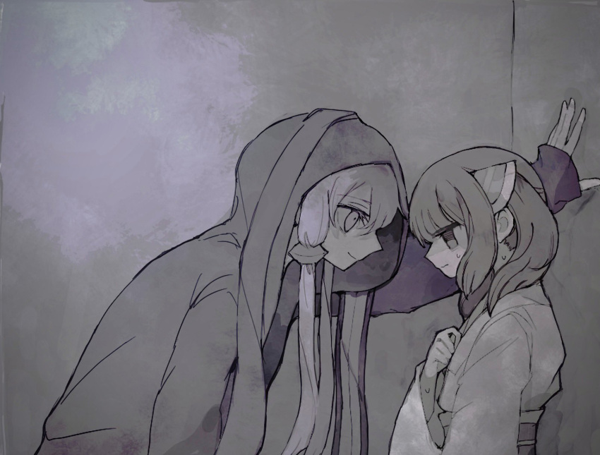 2girls 50zushi against_wall animal_hood blade brown_eyes brown_hair closed_mouth commentary_request empty_eyes face-to-face from_side hair_over_shoulder hand_on_own_chest headgear highres hood hood_up hoodie japanese_clothes kabedon kimono leaning_forward light_frown limited_palette long_hair long_sleeves looking_at_another multiple_girls muted_color nervous nervous_sweating obi obijime profile purple_eyes purple_hair rabbit_hood sash short_hair_with_long_locks sidelocks sleeves_past_wrists smile sweat touhoku_kiritan twintails vocaloid voiceroid wavy_eyes wide_sleeves yuzuki_yukari