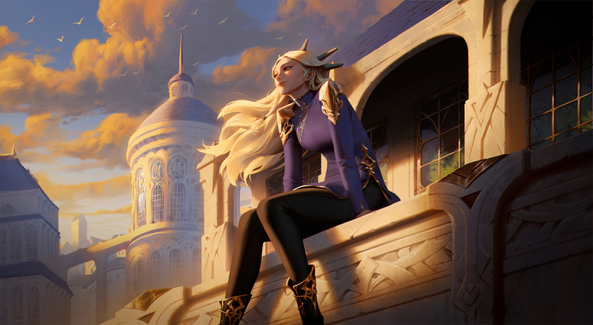 1girl boots braid brown_eyes building cloud cloudy_sky commentary dao_trong_le english_commentary evening hair_ornament highres long_hair long_sleeves original relaxing scenery sitting sky solo white_background wind window