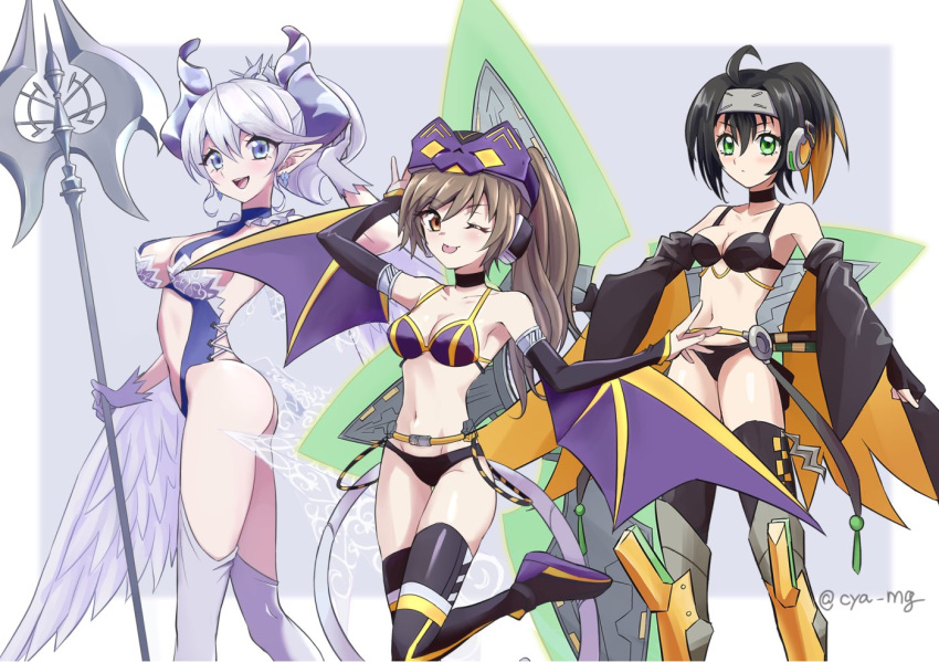 3girls adapted_costume alternate_hairstyle black_hair blonde_hair blue_eyes brown_eyes brown_hair chaya_mago choker commentary_request cosplay detached_sleeves duel_monster full_body fuuma_shuriken geta gloves gradient_hair green_eyes halberd high_heels holding holding_polearm holding_shuriken holding_weapon horns i:p_masquerena lovely_labrynth_of_the_silver_castle monster_girl multicolored_hair multiple_girls one_eye_closed pointy_ears polearm revealing_clothes s-force_rappa_chiyomaru shoes sneakers spear tengu-geta thighhighs tongue tongue_out weapon white_gloves white_hair winged_arms wings yu-gi-oh!