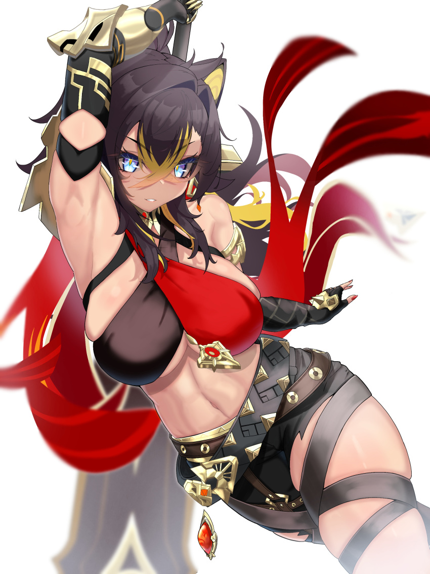 1girl absurdres arm_armor arm_up armlet armpits asymmetrical_clothes beacon_of_the_reed_sea_(genshin_impact) belt black_belt black_gloves black_hair blonde_hair blue_eyes breasts capelet commentary criss-cross_halter crossed_bangs crossed_belts dangle_earrings dark-skinned_female dark_skin dehya_(genshin_impact) earrings elbow_gloves fingerless_gloves gauntlets genshin_impact gloves gold_choker hair_between_eyes hair_ears hair_intakes halterneck highres holding holding_sword holding_weapon jewelry large_breasts long_hair looking_at_viewer multicolored_hair multiple_thigh_straps nail_polish navel pants parted_lips red_capelet red_nails single_bare_shoulder single_earring single_fingerless_glove single_gauntlet smile solo spiked_knuckles stomach streaked_hair sword thigh_strap thighs toned torn_clothes torn_pants two-tone_hair vision_(genshin_impact) warabi_mochi_(w4rabimochi) weapon white_background yellow_pupils