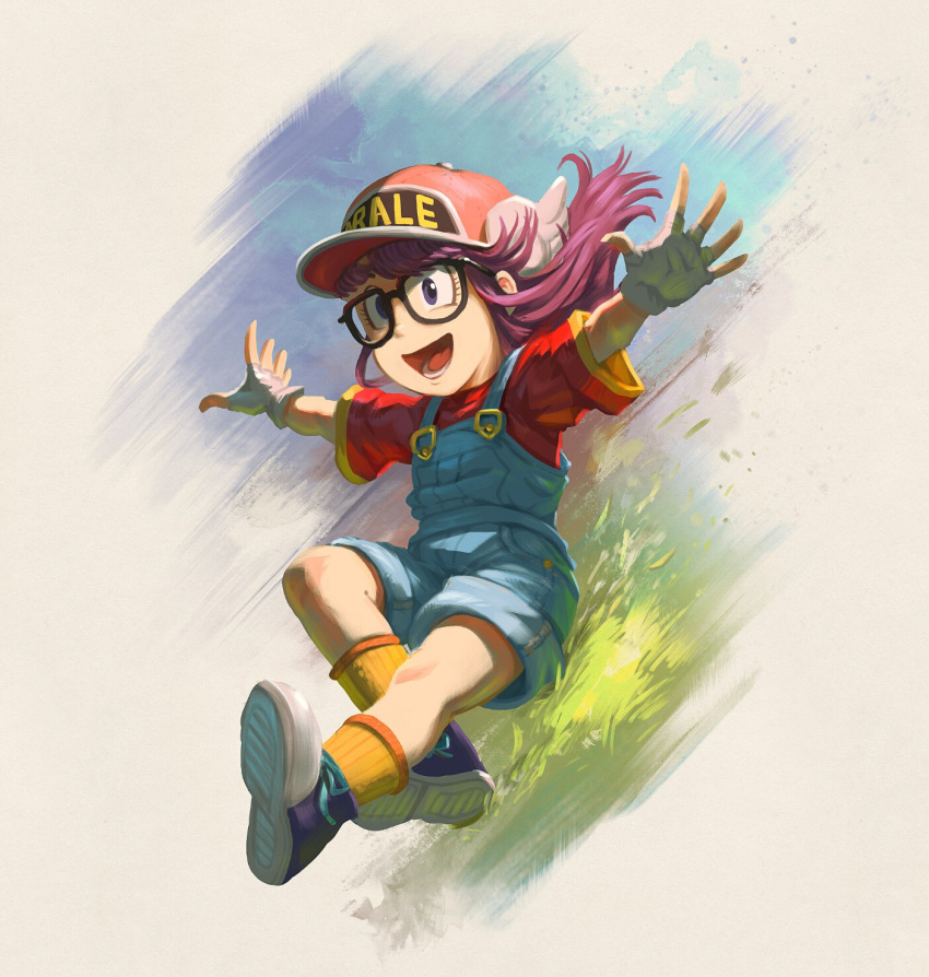 1girl baseball_cap blue_overalls child david_revoy dr._slump english_commentary female_child fingerless_gloves gloves grass grey_eyes hat highres krita_(medium) long_hair looking_at_viewer norimaki_arale open_mouth overalls red_shirt shirt shoes short_sleeves shorts smile socks solo white_gloves