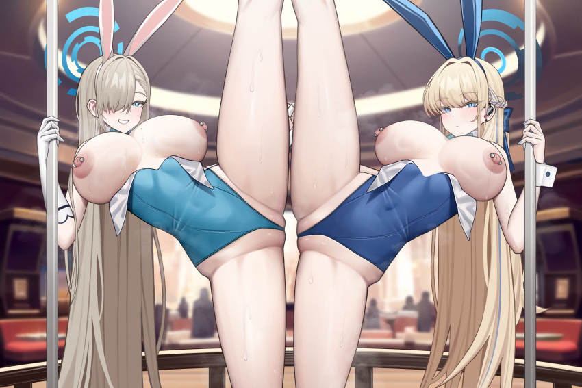 2girls aqua_leotard asuna_(blue_archive) asuna_(bunny)_(blue_archive) blonde_hair blue_archive blue_eyes blue_leotard blue_nails breasts closed_mouth gloves grin hair_over_one_eye halo highres large_breasts leotard long_hair looking_at_viewer multiple_girls nipple_piercing nipples official_alternate_costume piercing playboy_bunny siu_(siu0207) smile split standing standing_on_one_leg standing_split stripper_pole toki_(blue_archive) toki_(bunny)_(blue_archive) very_long_hair wedgie white_gloves wrist_cuffs