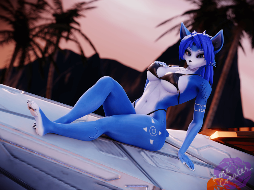 3d_(artwork) 4:3 anthro arwing bikini blender_(software) blue_body blue_fur blue_hair breasts canid canine clothed clothing detailed_background digital_media_(artwork) female fox fur hair hand_on_breast hi_res krystal looking_at_viewer mammal mountain navel navel_piercing nintendo on_vehicle outside palm_tree piercing plant rosecreates sky smile solo star_fox swimwear tail thick_thighs tree vehicle white_body white_fur