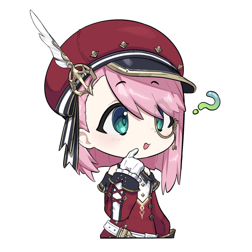 1girl ? blue_eyes blush cabbie_hat charlotte_(genshin_impact) chibi english_commentary genshin_impact gloves hair_between_eyes hat hat_feather highres kekek long_sleeves monocle pink_hair red_headwear simple_background solo white_background white_gloves