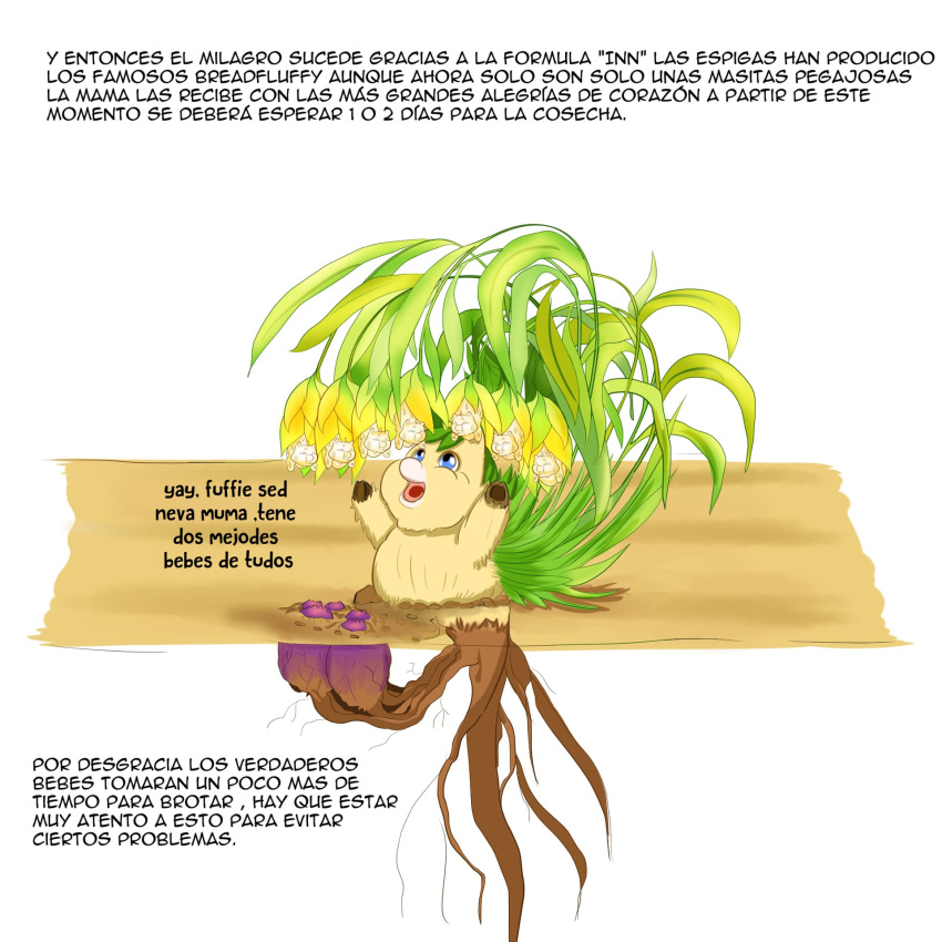 1:1 ambiguous_gender baby_talk blue_eyes brown_body brown_fur dialogue elemental_creature feral flora_fauna fluffy_pony fluffy_pony_(species) fur green_hair group hair hi_res inshi parent_(lore) parent_and_child_(lore) plant simple_background spanish_text text white_background