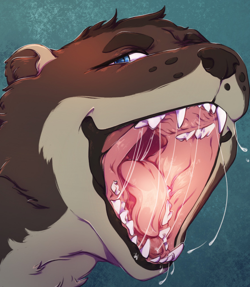 anthro blue_eyes blue_pupils bodily_fluids brown_body brown_fur dripping fangs fur hi_res lionfloof looking_at_viewer male mouth_shot narrowed_eyes open_mouth pupils red_tongue saliva saliva_drip saliva_string sharp_teeth solo teeth tongue