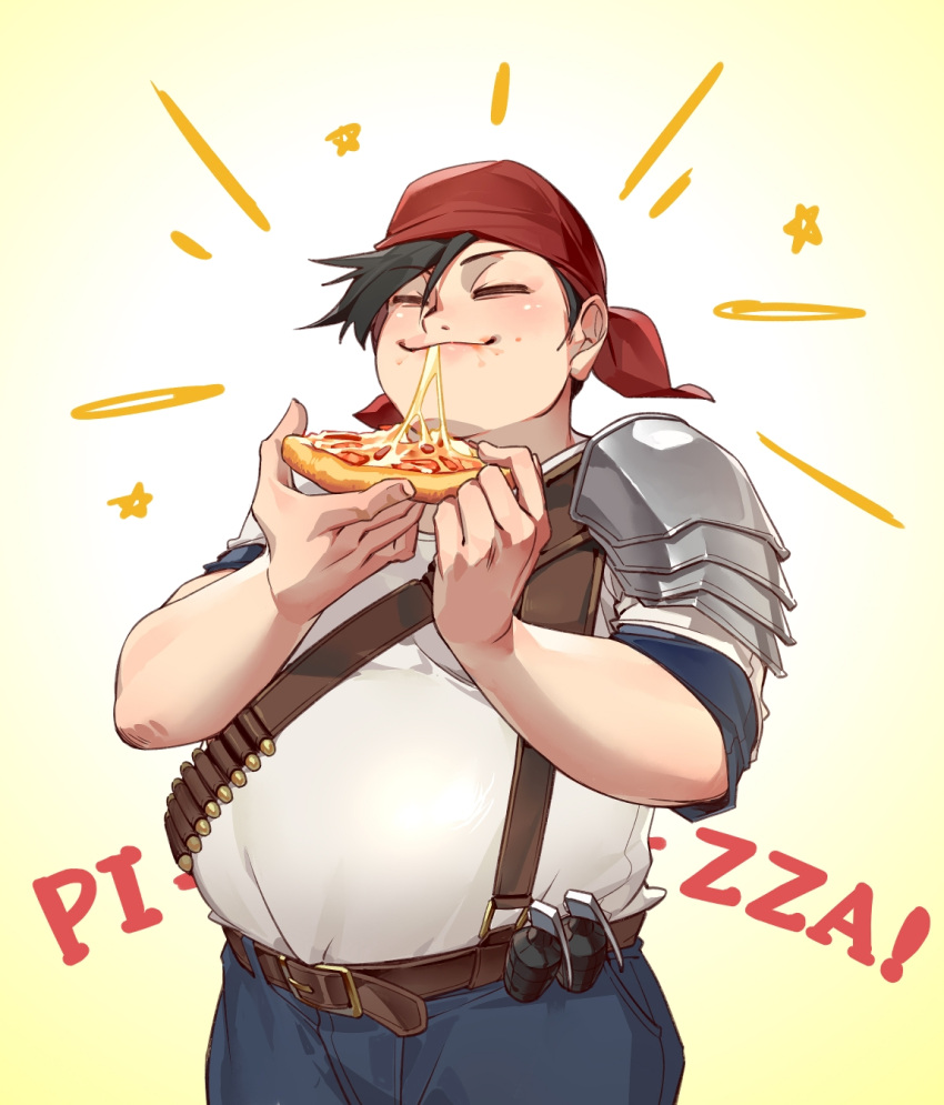 1boy armor bandana belt belt_buckle black_hair blue_shorts brown_belt buckle closed_mouth commentary_request crow0cc eating fat final_fantasy final_fantasy_vii final_fantasy_vii_remake food food_in_mouth food_on_face gradient_background highres holding holding_food holding_pizza male_focus pizza pizza_slice red_bandana shirt short_hair shorts shoulder_armor solo star_(symbol) upper_body wedge_(ff7) white_shirt