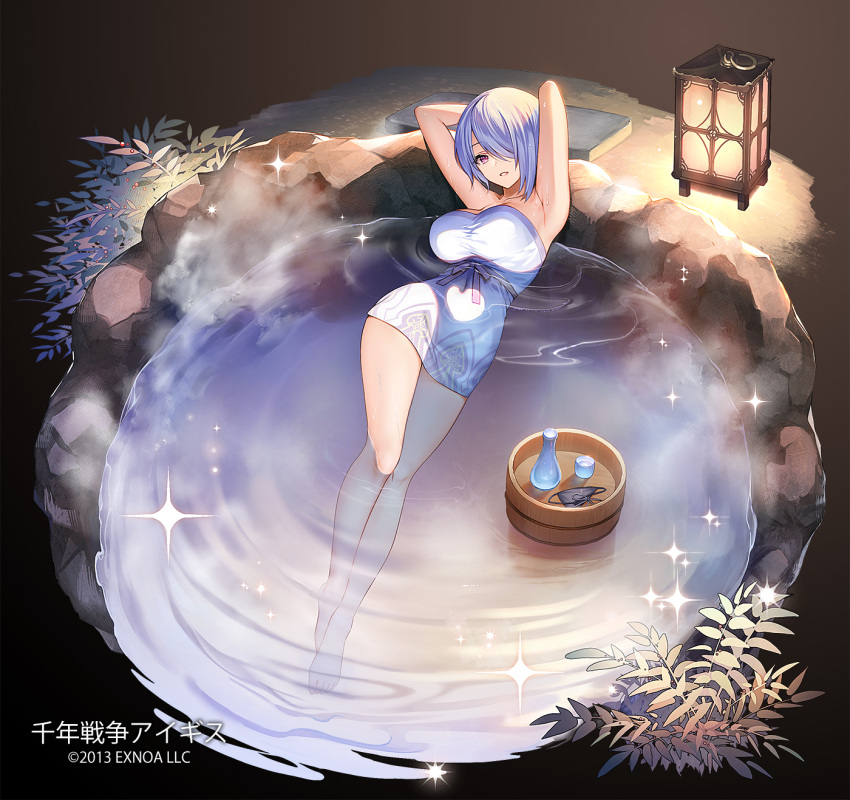 1girl 2013 armpits arms_behind_head arms_up bare_arms bare_legs blue_hair breasts bucket bush commentary company_name copyright_name cup hair_over_one_eye highres lantern large_breasts leaf light_blue_hair long_bangs looking_at_viewer lying official_art on_back onsen parted_lips partially_submerged purple_eyes sennen_sensou_aigis siena_(sennen_sensou_aigis) solo sparkle tokkuri waist_ribbon water wet wooden_bucket yuasa_akira