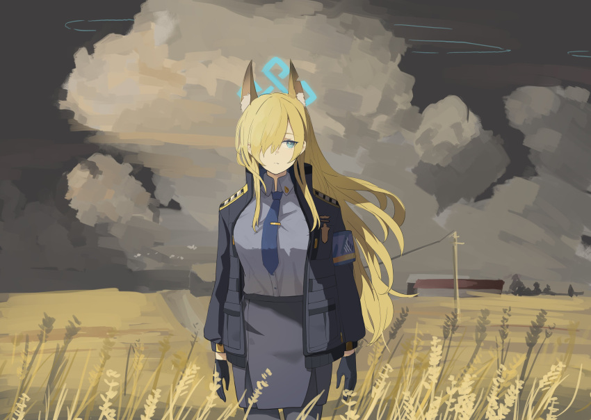 1girl absurdres animal_ear_fluff animal_ears arknights barn black_gloves black_pantyhose blonde_hair blue_archive blue_armband blue_eyes blue_jacket blue_necktie blue_shirt breasts closed_mouth cloud commentary crossover dress_shirt epaulettes expressionless feet_out_of_frame floating_hair gloves grey_sky hair_over_one_eye halo high_collar highres inapple jacket kanna_(blue_archive) large_breasts long_hair long_sleeves necktie open_clothes open_jacket outdoors pantyhose pencil_skirt police police_uniform power_lines shirt shirt_tucked_in sidelocks sideways_glance skirt solo standing uniform utility_pole wheat_field