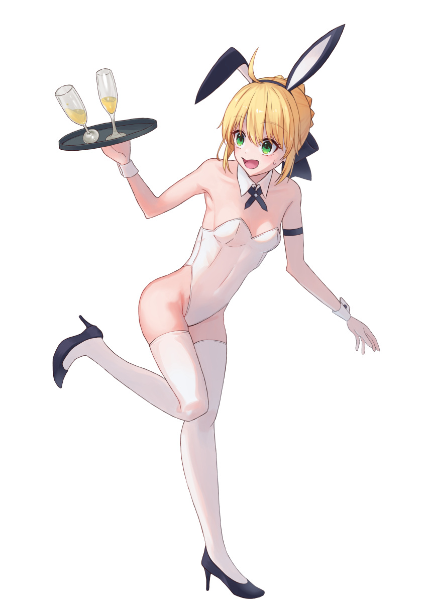 1girl absurdres ahoge animal_ears arm_strap artoria_pendragon_(fate) bare_shoulders black_bow black_footwear black_hairband blonde_hair bow bra breasts clumsy covered_navel detached_collar english_commentary fake_animal_ears fate_(series) full_body green_eyes groin hair_bow hairband high_heels highleg highleg_leotard highres holding holding_tray leotard open_mouth playboy_bunny pumps rabbit_ears saber saber_lily small_breasts solo soymilk26 strapless strapless_leotard sweatdrop tray underwear white_leotard wrist_cuffs